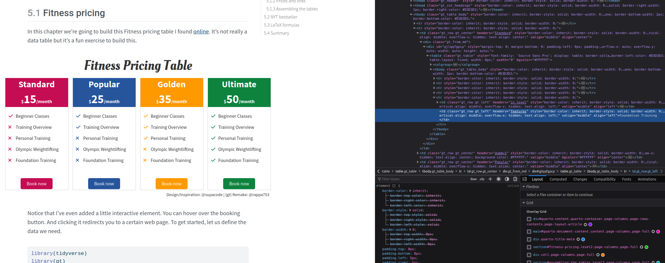 Screenshot taken from my {gt} book. The web developer mode takes some time to get used to. But you will (a) feel like a hacker immediately and (b) use it to debug your tables much quicker in the long run.